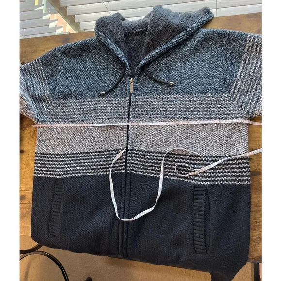 Mens Blue Color block Striped Fleece-Lined Full Zipper Jacket Hooded - Picture 4 of 11